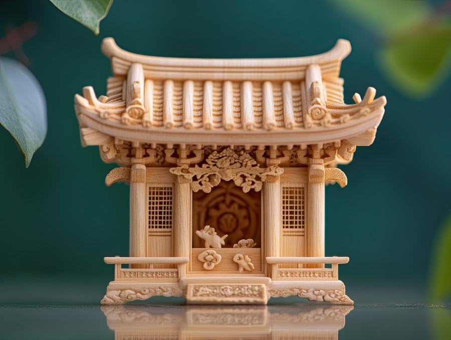 A tiny wooden shrine netsuke with curved eaves, detailed craftsmanship, and intricate carvings, evoking spiritual serenity and traditional japanese architecture