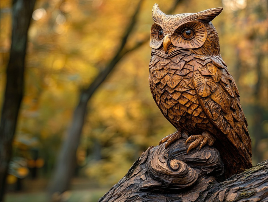 Owl perched on an old tree branch, intricately designed wood carving on basswood for carving, highlighting 3d wood carving details and wildlife artistry