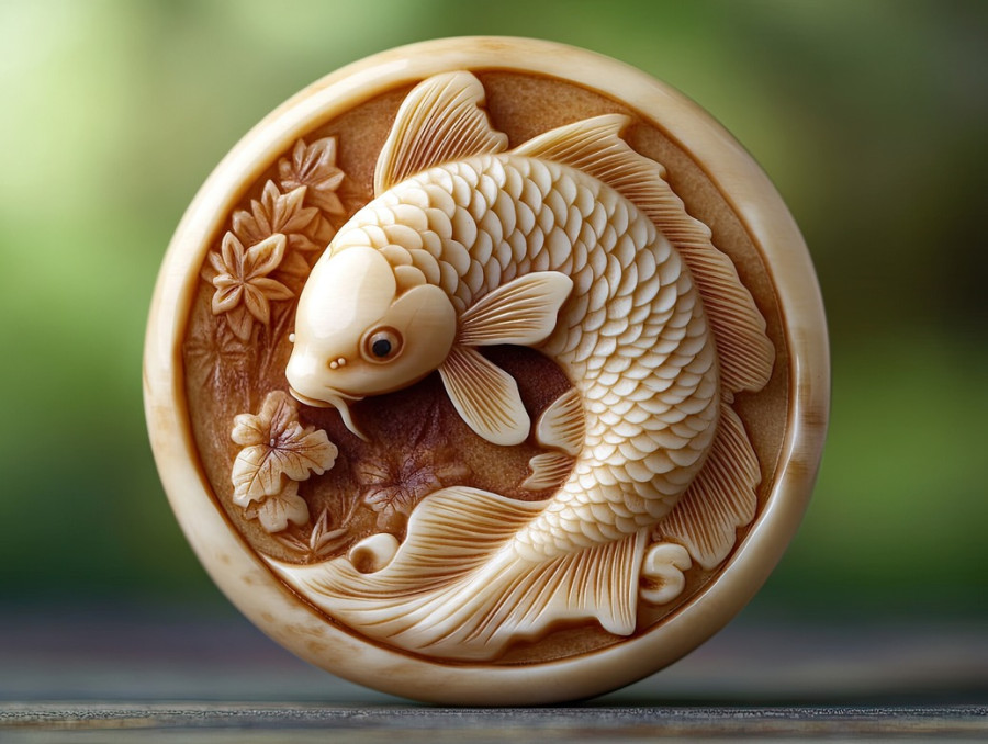 A koi fish netsuke swimming around a coin, intricately carved with flowing fins, symbolizing prosperity, perseverance, and the harmony of nature and fortune