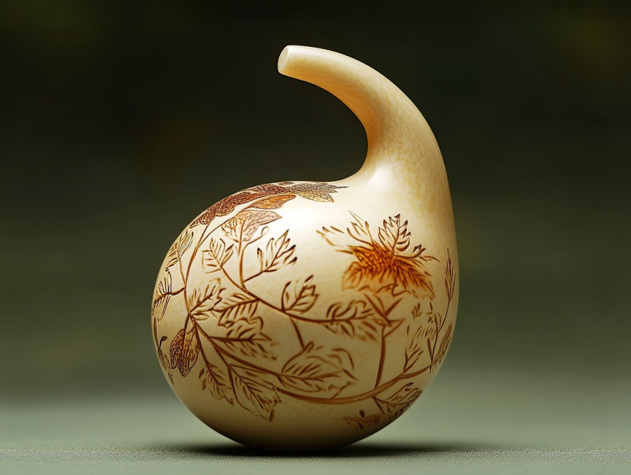 A gourd netsuke with engraved healing herbs, detailed carvings, and natural curves, symbolizing longevity, traditional remedies, and good fortune in japanese culture