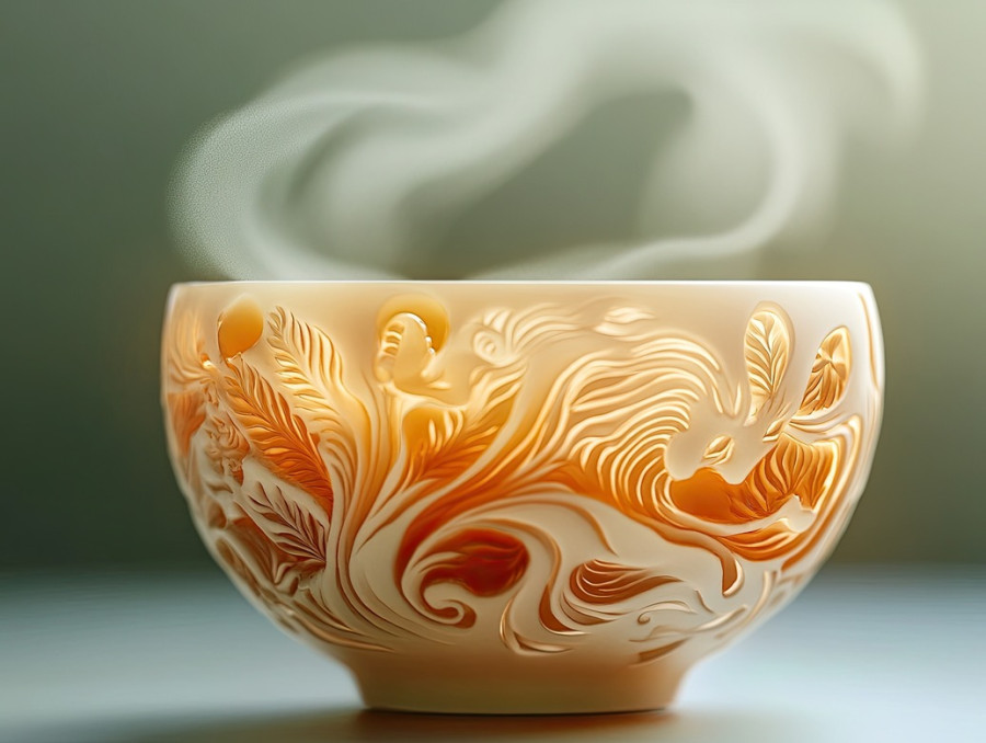 A tea cup netsuke with steam forming swirling patterns, finely carved woodwork, evoking warmth, serenity, and the traditional japanese tea ceremony experience