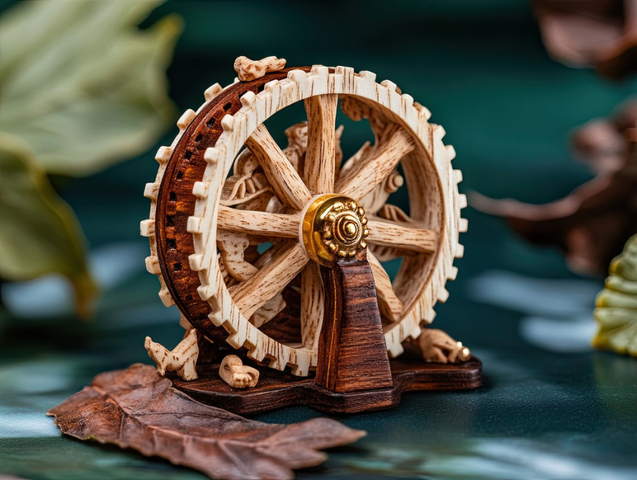 A miniature waterwheel netsuke with fine woodgrain details, realistic carving, and moving elements, symbolizing energy, tradition, and the power of flowing water