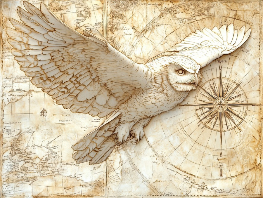 A soaring owl with etched feather details, delicate scrimshaw engraving, wings spread wide, precision line art in ivory like texture