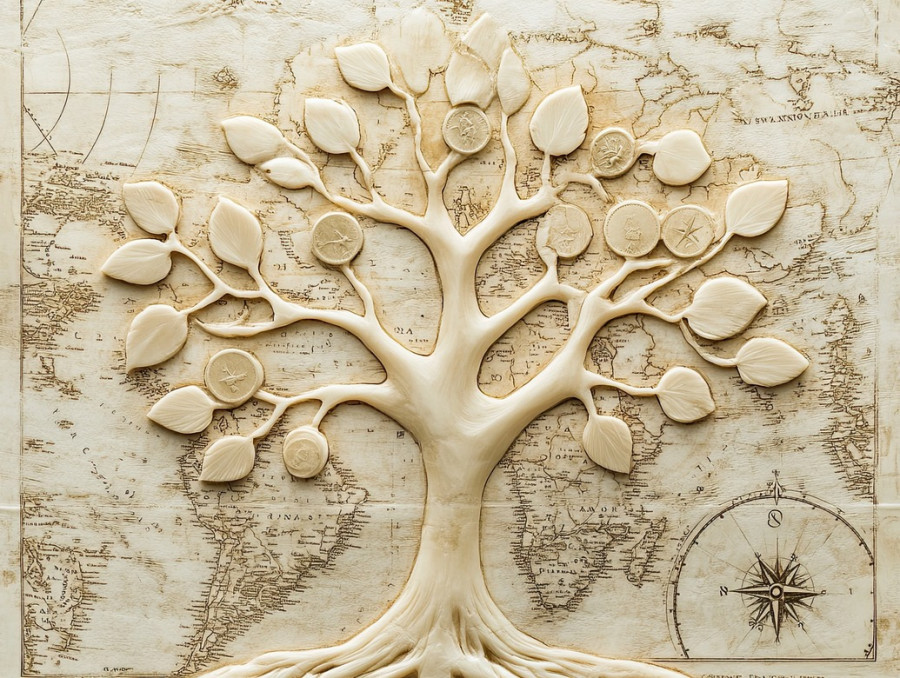 A tree with coin shaped leaves etched in ivory, scrimshaw artwork, detailed engraving, nature inspired, elegant botanical carving