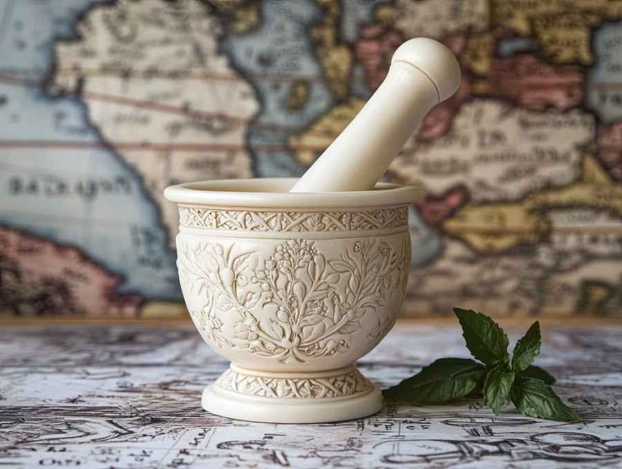 A mortar and pestle with engraved herbal motifs, scrimshaw artistry, detailed botanical carvings, traditional apothecary tool