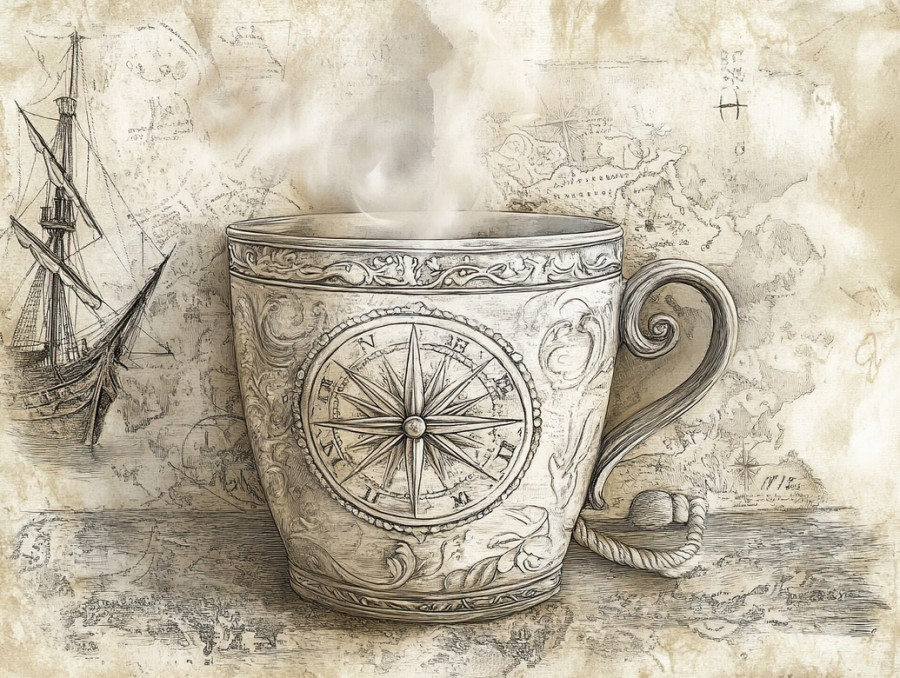 A steaming cup with fine decorative engravings, scrimshaw detail, intricate linework, ornate tea or coffee vessel, elegant carving