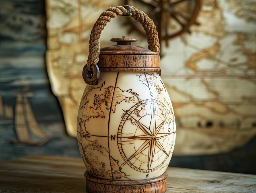 A lantern adorned with maritime scrimshaw patterns, finely etched engravings, oceanic theme, vintage nautical illumination