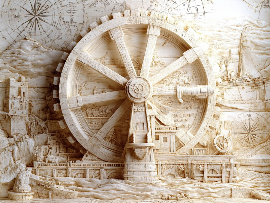 A waterwheel carved with fine ivory like details, scrimshaw engraving, precision linework, traditional milling tool, flowing water