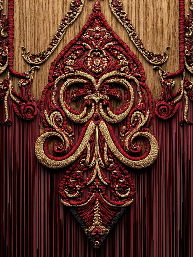 A rustic wooden cabin framed with layered soutache borders, giving it a decorative, handcrafted feel, elegant soutache cord details, etsy soutache design concept