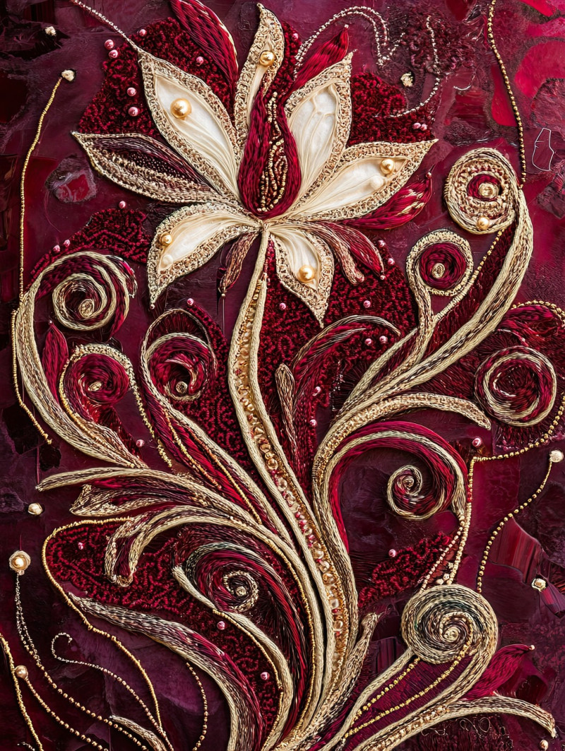 A herbal plant adorned with vine-like soutache embellishments, creating a delicate and artistic pattern, swirling soutache cord details, etsy soutache botanical art