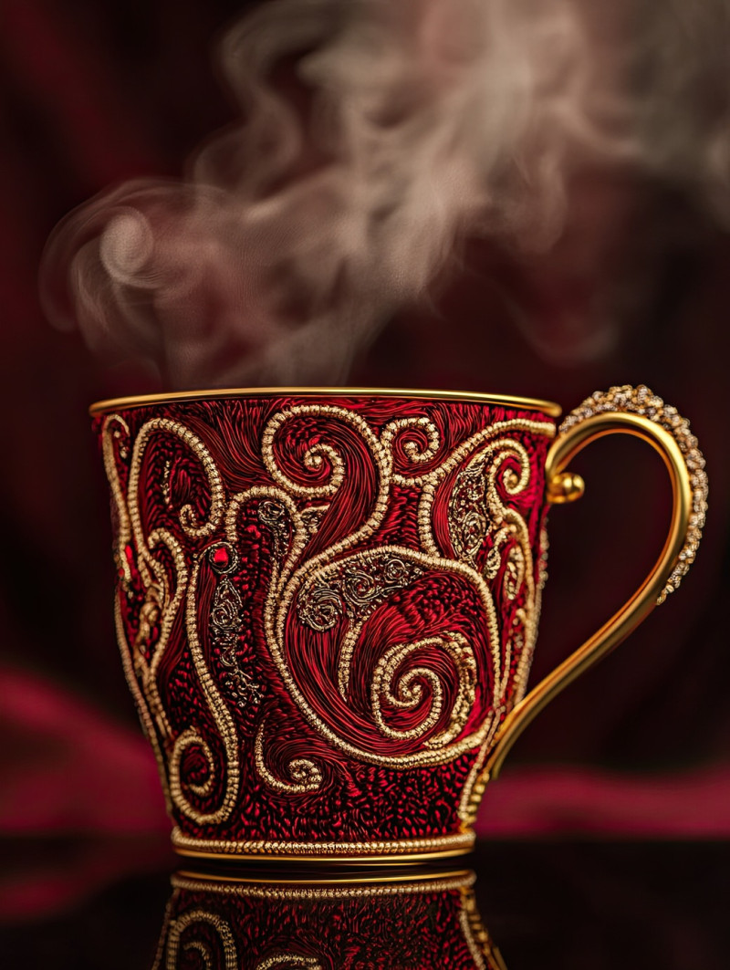 A steaming cup decorated with soutache embroidery style accents, adding a cozy, artistic touch, elegant soutache cord swirls, etsy soutache-inspired design