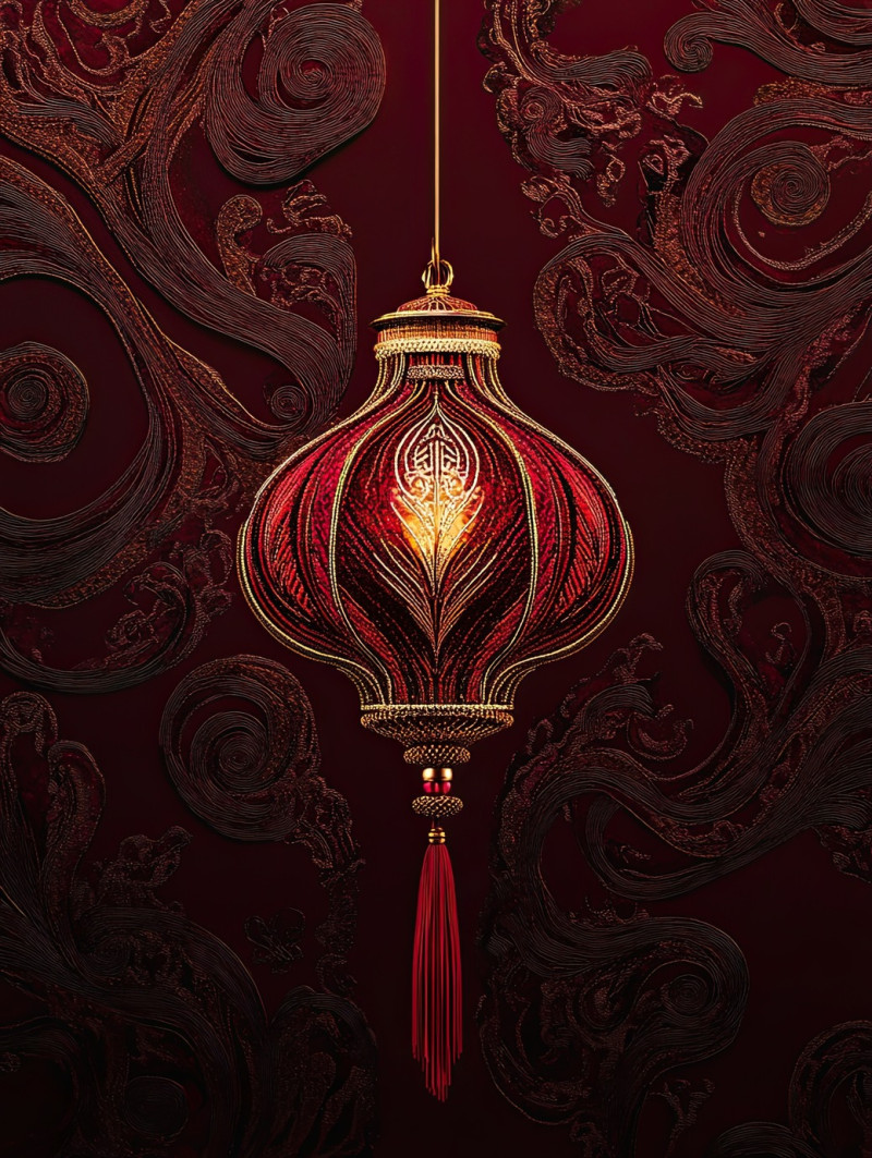 A floating lantern outlined with intricate soutache filigree, glowing softly, the swirling soutache cord details add charm, etsy soutache festive decoration