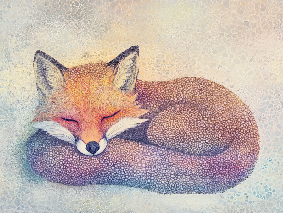 A curled fox with dense stippled fur shading, resting peacefully, intricate stippling highlights its textured coat, adding depth and realism to the artwork