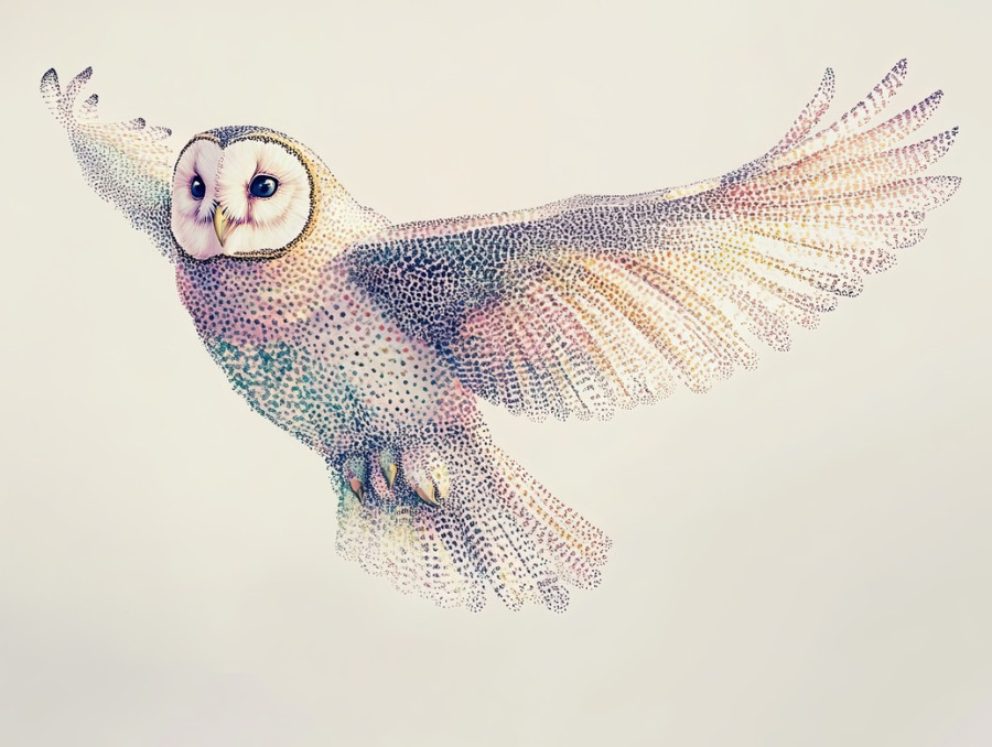 A soaring owl with finely stippled feather textures, wings spread wide, the detailed stippling technique captures motion and elegance in the bird's flight