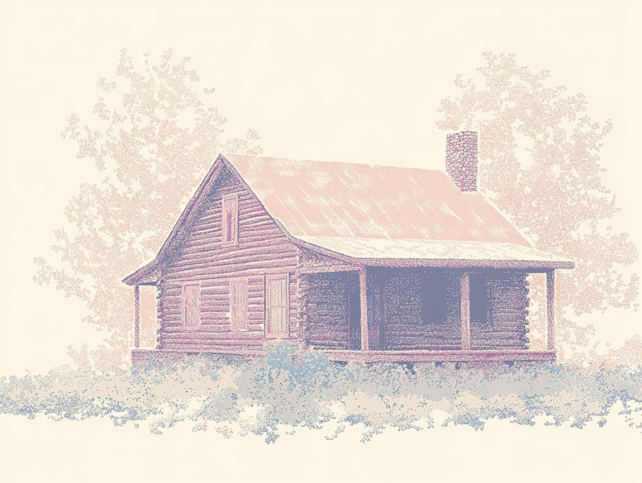 A rustic cabin with stippled shadows, nestled in nature, the stippling technique enhances the wood details and shading, creating a cozy and serene atmosphere