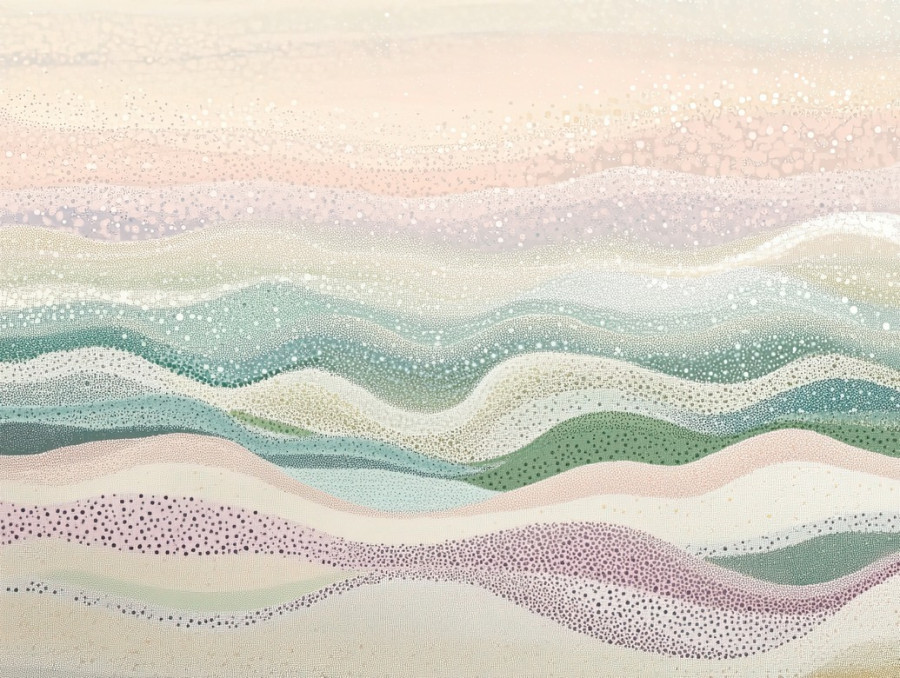 Waves rolling onto the shore with stippled foam and sand textures, the stippling technique captures the movement of water and the fine details of the beach