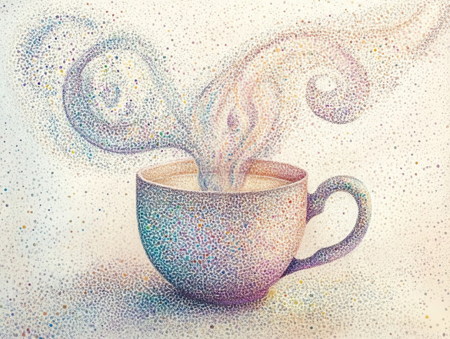 A steaming cup with stippled aroma swirls rising, creating a warm and cozy feel, the stippling technique highlights the steam and ceramic texture