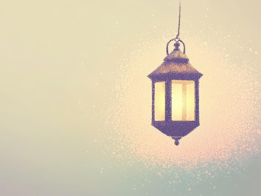 A floating lantern glowing through stippled light, casting soft illumination, the stippling technique enhances the glow and intricate shading of the scene