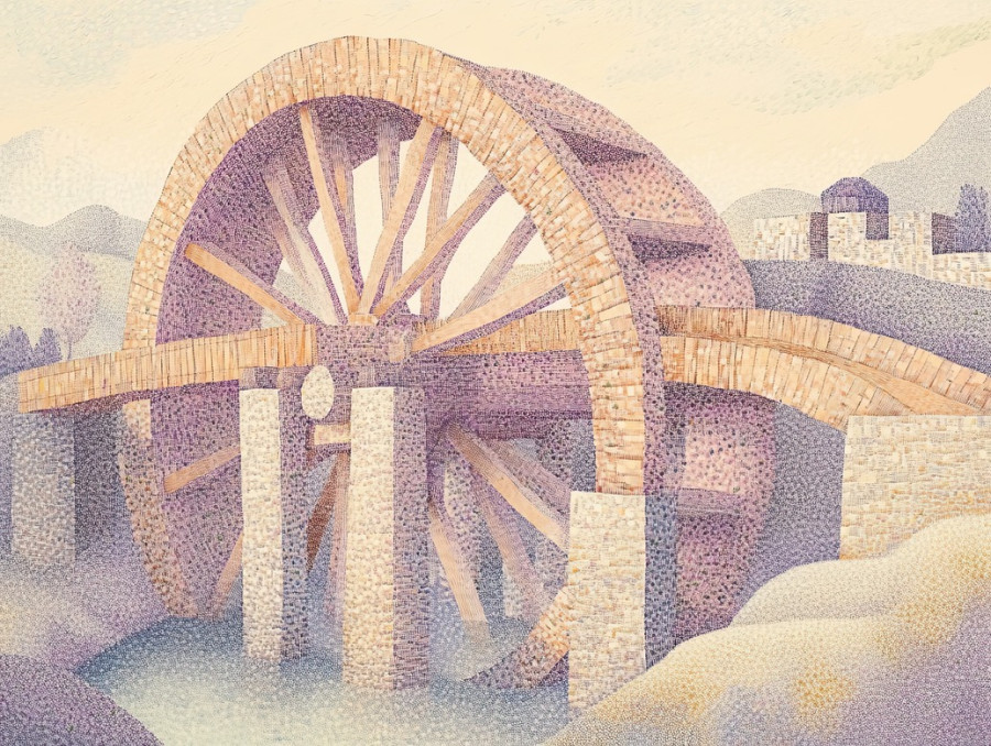 A waterwheel with stippled woodgrain details, turning with the flow of water, the stippling technique highlights the texture of the wood and motion of the wheel