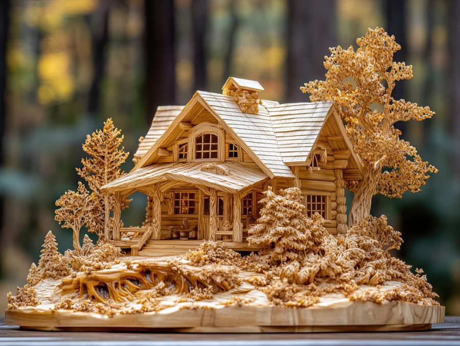 Rustic wooden cabin nestled in the woods, beautifully crafted wood carving on basswood for carving, capturing 3d wood carving depth and peaceful nature