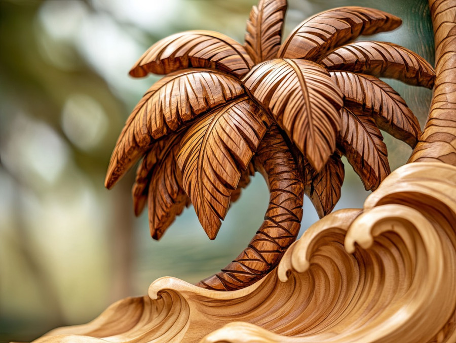 Palm tree near a crashing wave, skillfully carved wood carving on basswood for carving, featuring 3d wood carving texture and tropical ocean scenery