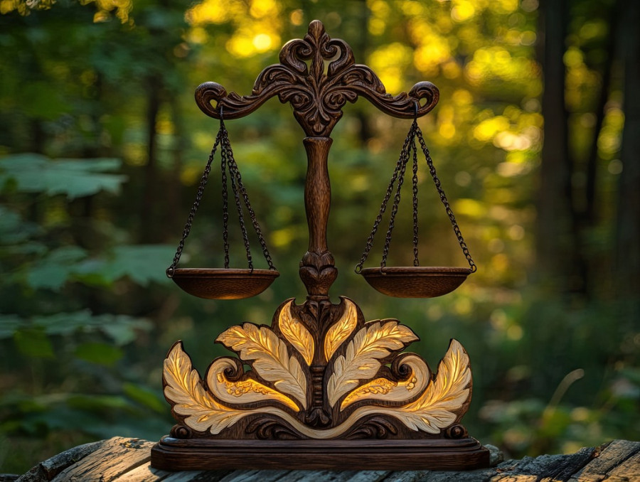 Scales of justice placed on a ledger, detailed wood carving on basswood for carving, emphasizing 3d wood carving precision and law symbolism