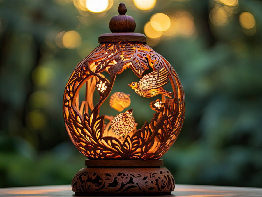 Lantern festival with floating lights, elegant wood carving on basswood for carving, showcasing 3d wood carving depth and cultural celebration