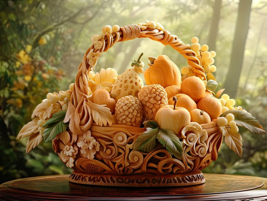 Overflowing basket of fresh fruits, artistic wood carving on basswood for carving, displaying 3d wood carving detail and abundance in nature