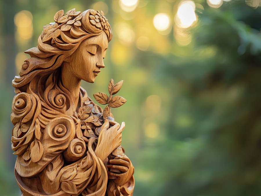 Ancient healer with herbal remedies, masterfully carved wood carving on basswood for carving, portraying 3d wood carving depth and traditional medicine