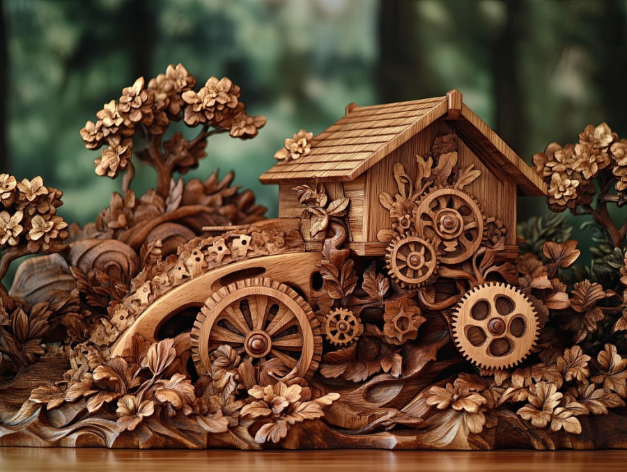 Vintage watermill with turning gears, skillfully crafted wood carving on basswood for carving, illustrating 3d wood carving precision and old-world charm
