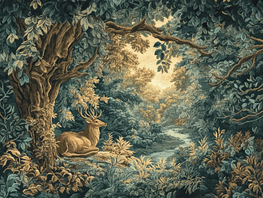Deer resting under an ancient oak surrounded by lush greenery, peaceful woodland scene, verdure tapestry fabric, flemish verdure tapestry