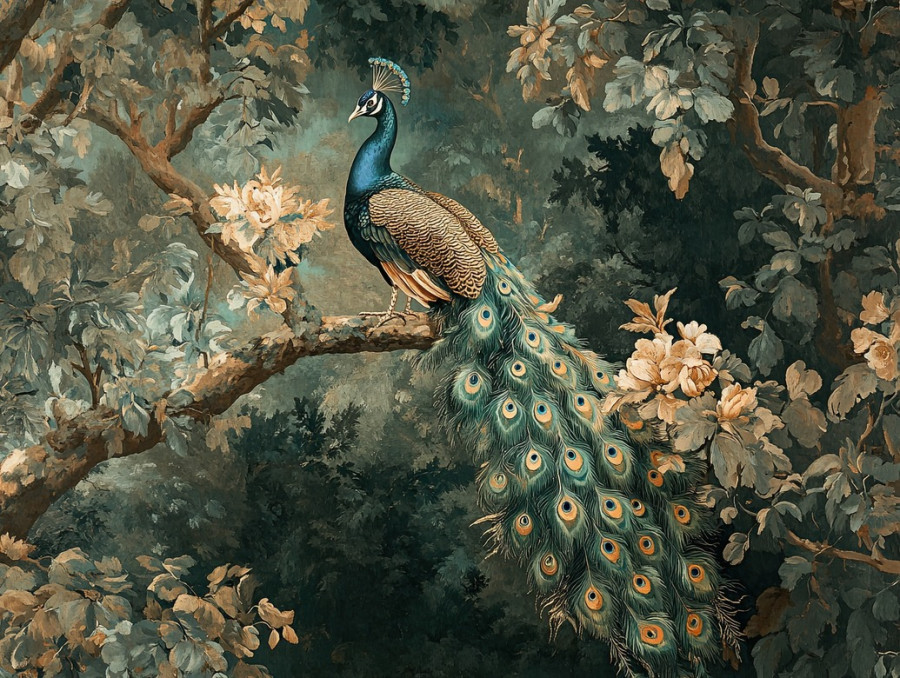Peacock perched on a floral arch with vibrant feathers, elegant nature setting, verdure tapestry, verdure tapestry fabric, flemish verdure tapestry