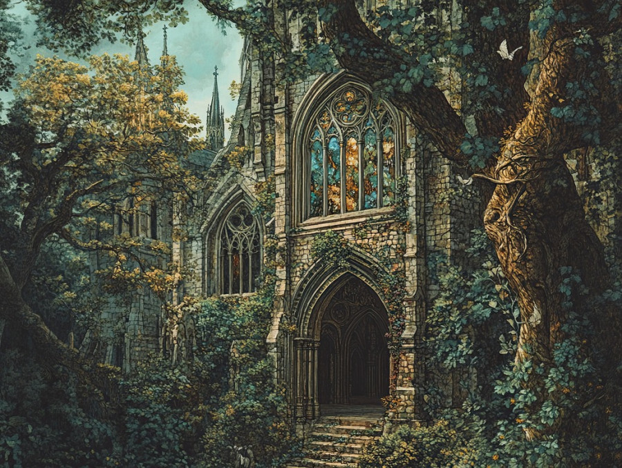 Ivy covered gothic abbey with intricate stonework, historic ruins embraced by nature, verdure tapestry, verdure tapestry fabric, flemish verdure tapestry