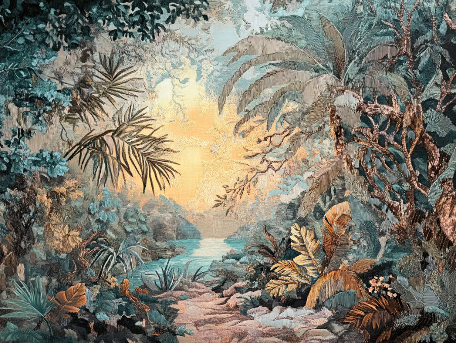 Sunset over tide pools and palm trees, golden sky reflecting on water, coastal serenity, verdure tapestry fabric, flemish verdure tapestry