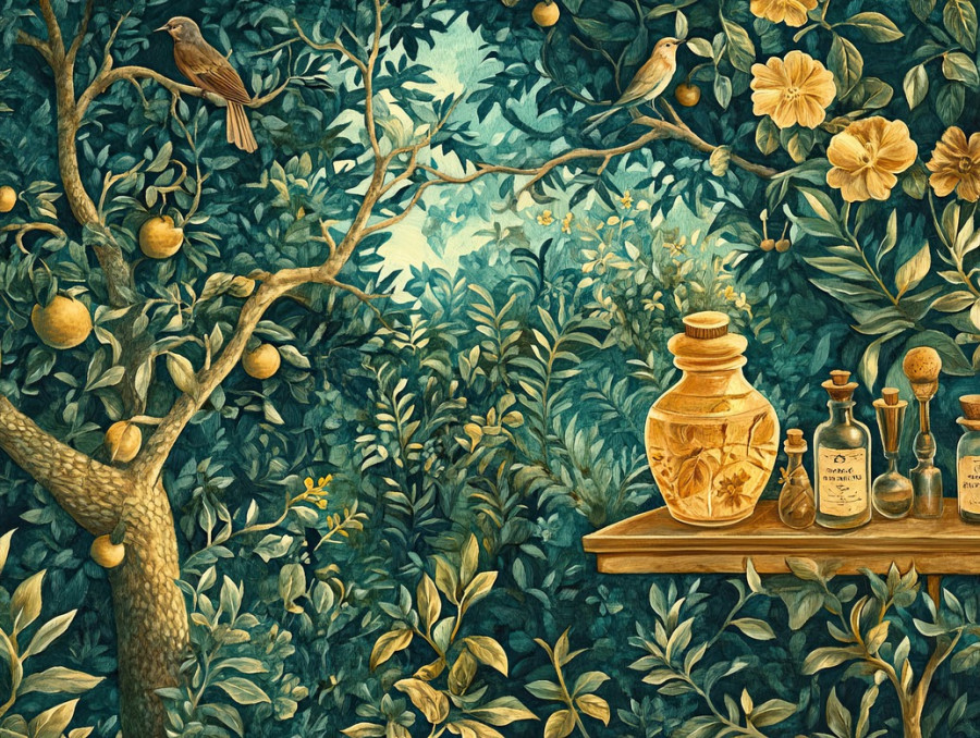 Herbal garden with an apothecary table filled with plants, rustic healing herbs, verdure tapestry, verdure tapestry fabric, flemish verdure tapestry