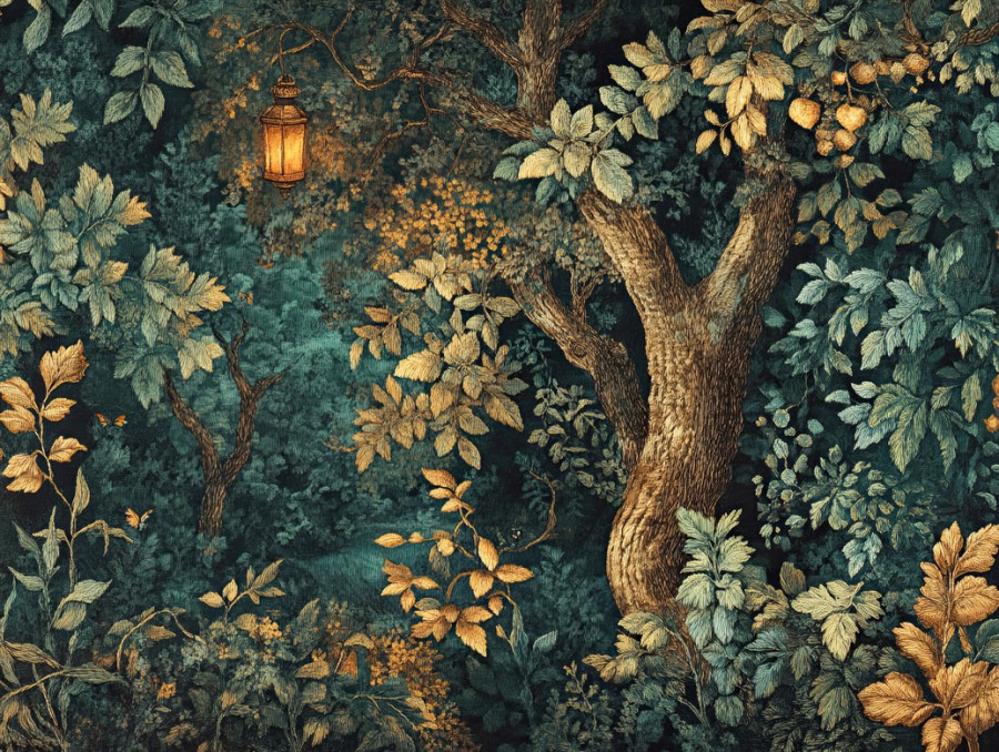 Lantern lit forest festival glowing under ancient trees, magical night celebration, verdure tapestry fabric, flemish verdure tapestry