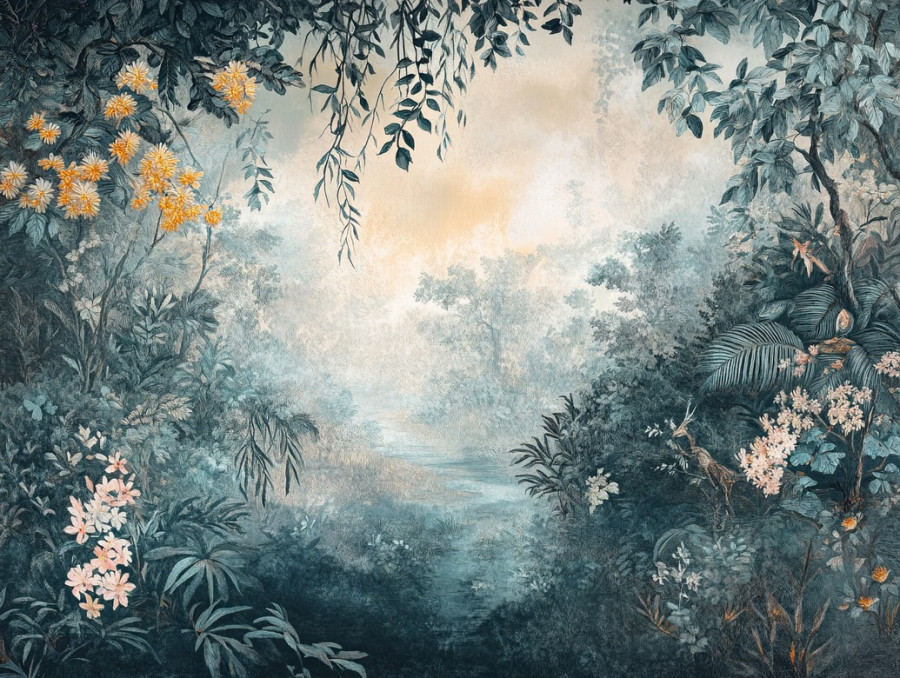 Misty valley filled with colorful wildflowers, soft morning haze over rolling hills, verdure tapestry, verdure tapestry fabric, flemish verdure tapestry