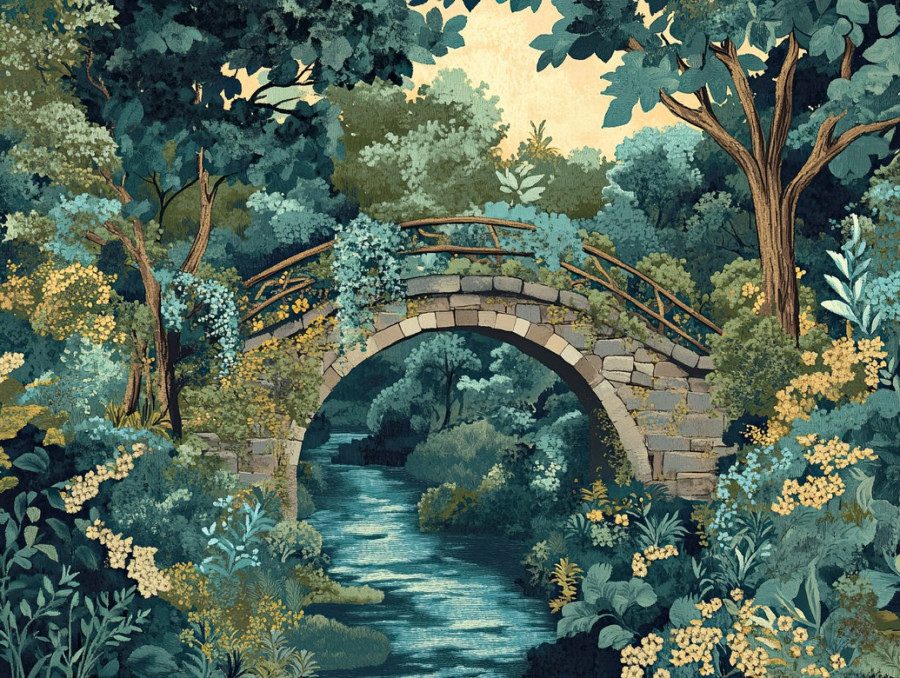 Stone bridge arching over an emerald stream, peaceful countryside landscape, verdure tapestry fabric, flemish verdure tapestry