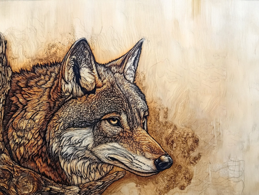 Pyrography wolf on a wooden plaque, finely burned details, realistic fur texture, handcrafted pyrography art, rustic decor, pyrography wood design