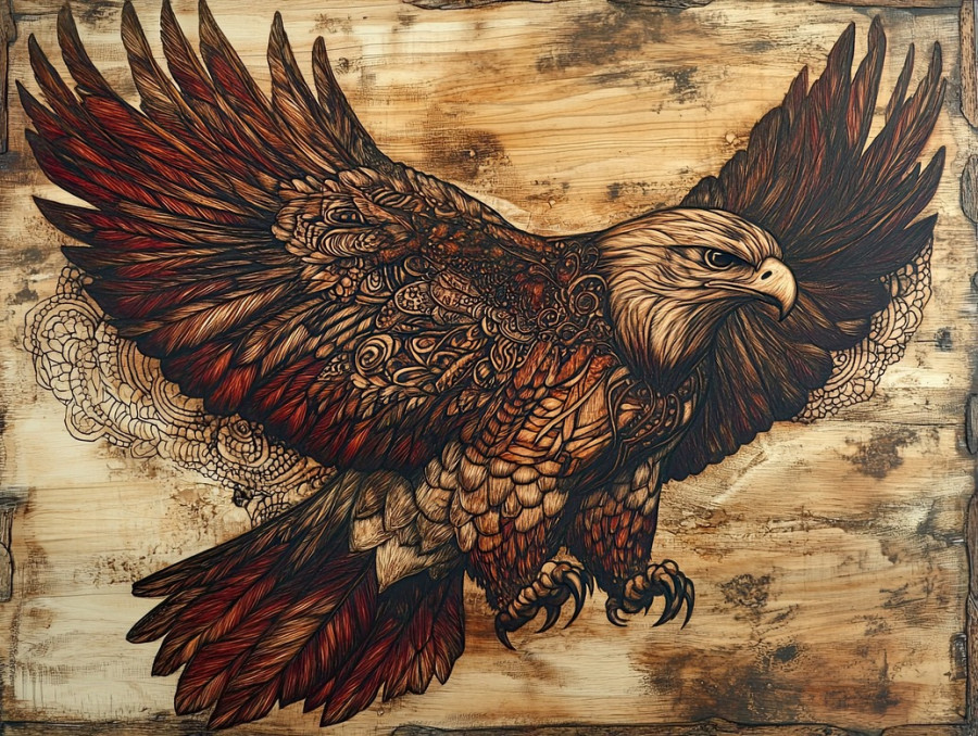 Burned eagle design on wood, majestic bird in flight, detailed feathers, pyrography art, handcrafted pyrography wood piece, nature inspired engraving