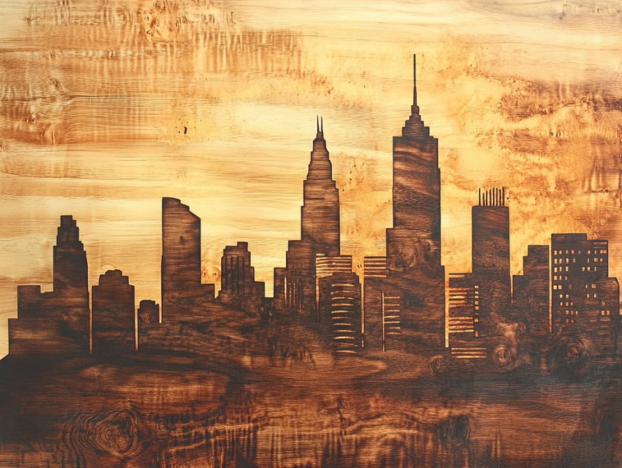 Rustic pyrography city skyline, architectural silhouettes burned into wood, urban landscape artwork, handcrafted pyrography wood, pyrography art