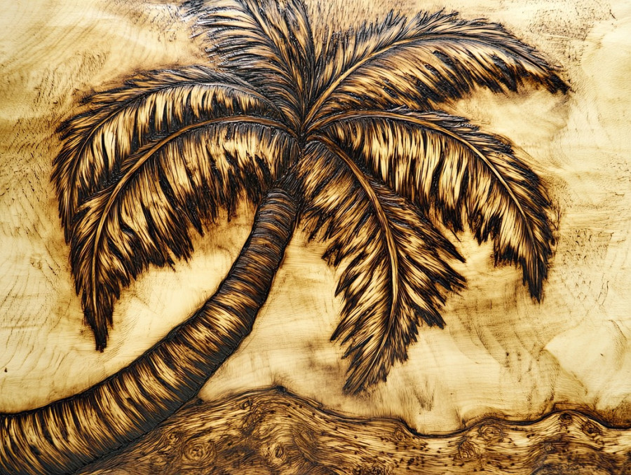 Palm tree pyrography on driftwood, tropical beach inspired design, detailed woodburn engraving, pyrography art, rustic decor, handcrafted pyrography wood