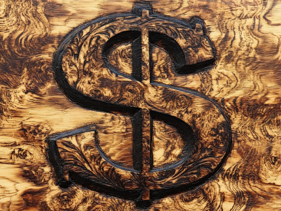 Burned dollar sign on wood, money concept, bold engraving with rustic appeal, handcrafted pyrography wood, financial theme, pyrography art design