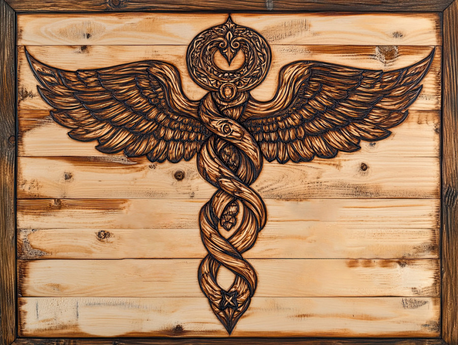 Caduceus pyrography on oak, medical symbol burned into wood, finely detailed snakes and wings, handcrafted pyrography wood, pyrography art, rustic decor