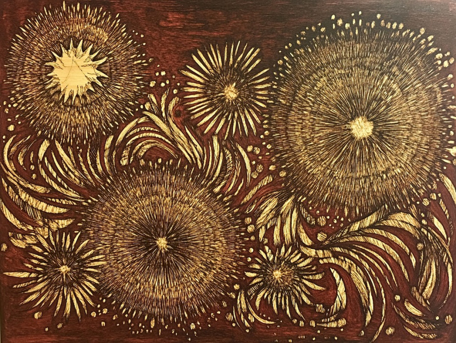Fireworks pyrography on a panel, bright bursts etched into wood, handcrafted pyrography wood, celebration theme, pyrography art, rustic engraving
