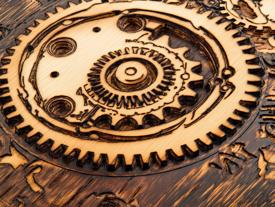 Gear design burned into wood, mechanical themed engraving, detailed industrial art, handcrafted pyrography wood, pyrography art, rustic steampunk decor