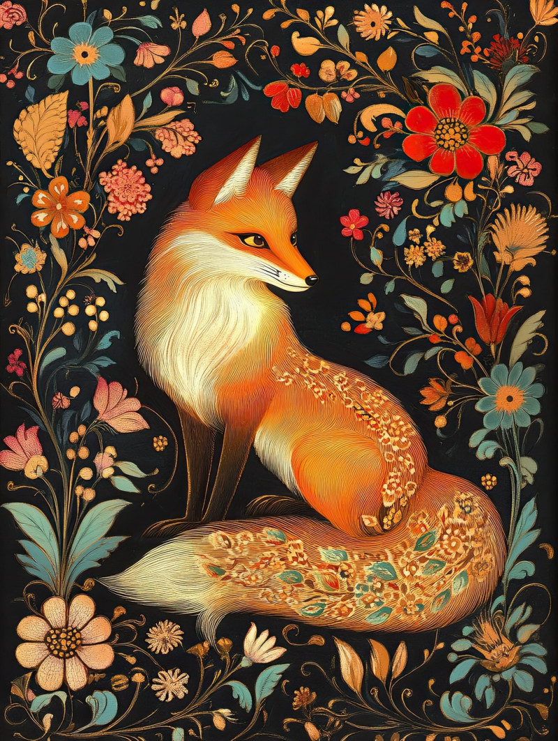 Golden fox in palekh art with intricate details, inspired by russian folklore, surrounded by ornate patterns and rich colors, classic work of palekh artists