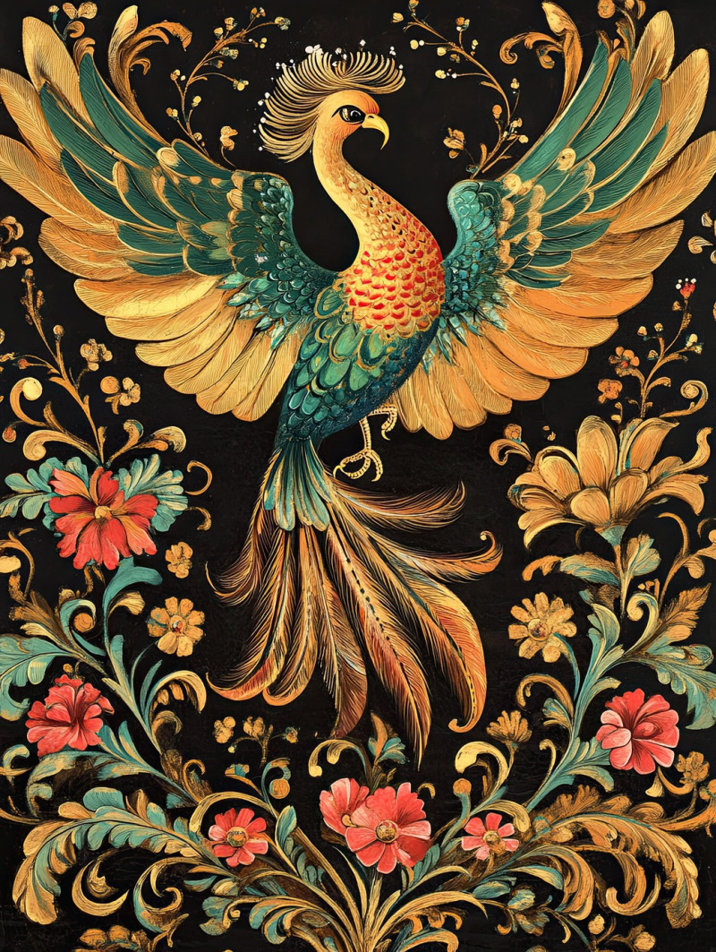 Elegant firebird in palekh art with flowing feathers and golden accents, a symbol of magic and rebirth in russian mythology, painted in traditional palekh style