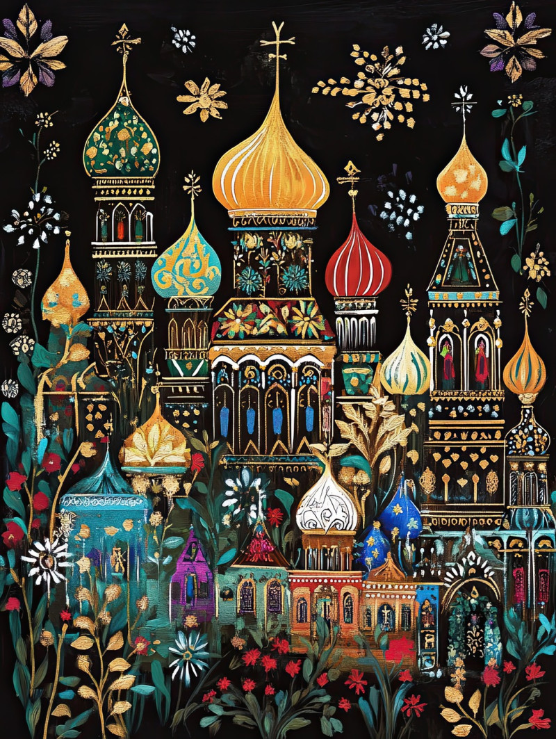 Palekh village with golden domes and traditional russian architecture, surrounded by lush landscapes, capturing the essence of palekh artistsâ€™ detailed craftsmanship