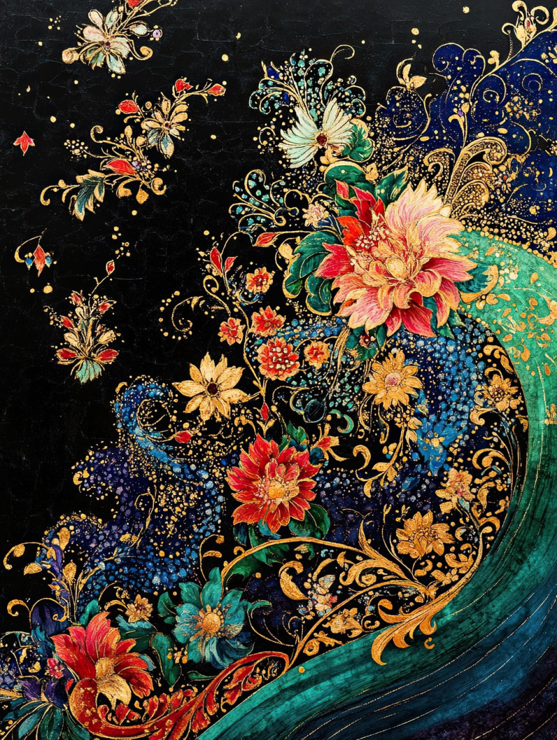 Mythical sea in palekh painting with swirling waves, legendary creatures, and golden highlights, inspired by russian folklore and crafted in palekh art style